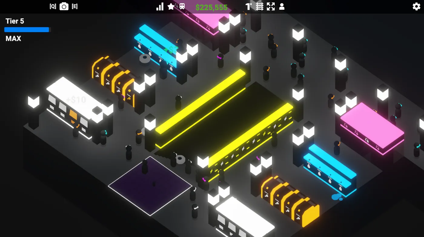 Cyber Station up close: passengers queueing at neon yellow, cyan and pink platforms and ticket machines